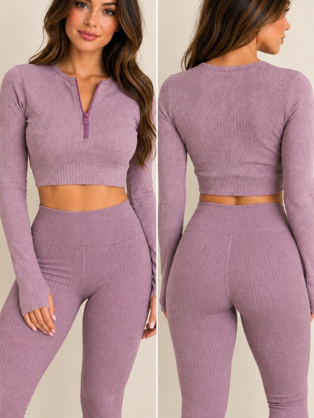 Mauve Ribbed High Waist Seamless Leggings